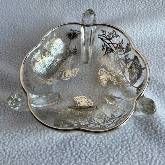 Flanders Poppy Sterling Silver on Clear Glass 3-Handled Dish - Picture 2 of 15